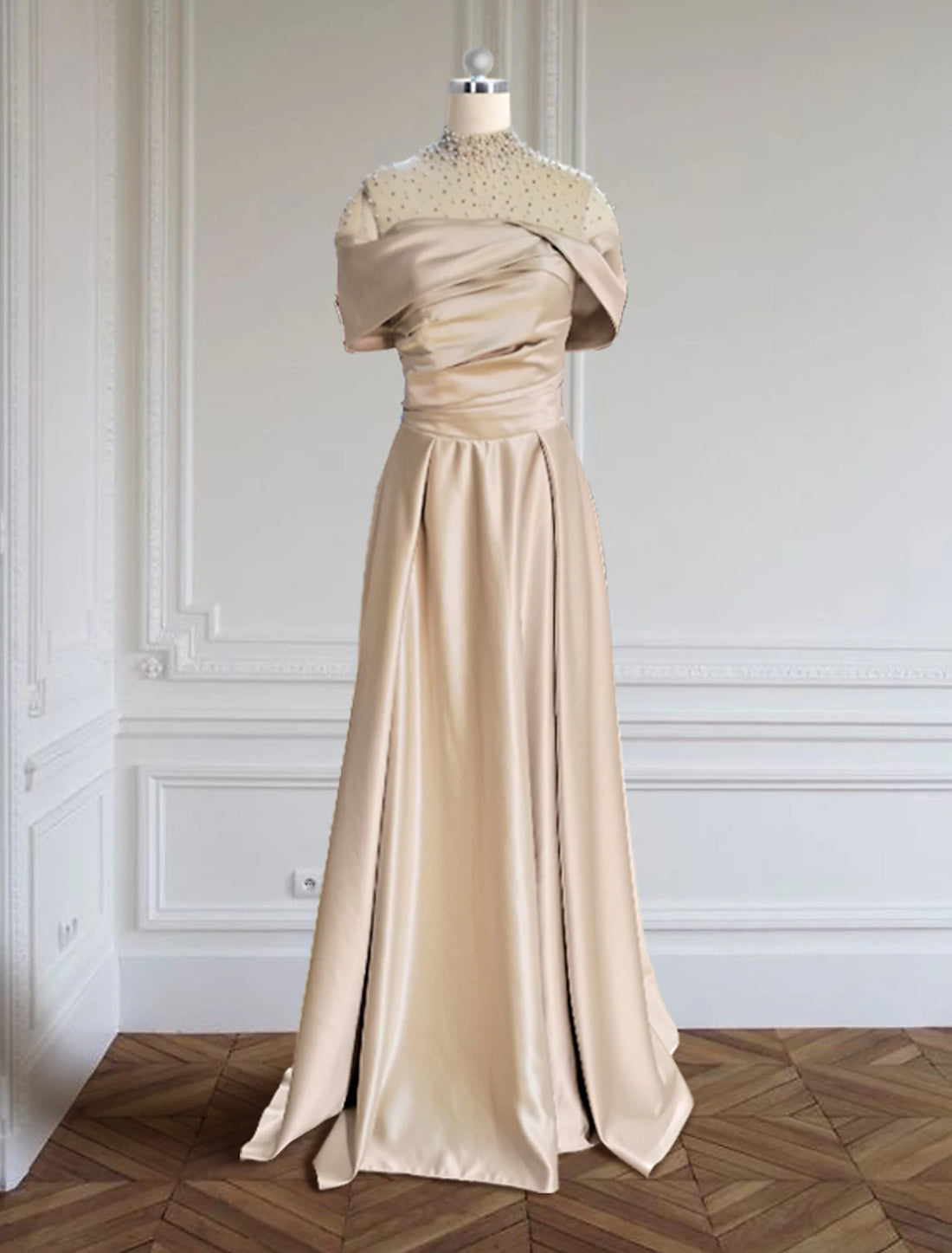 Luolandi A-Line Evening Gown Elegant Dress Formal Red Green Dress Floor Length Short Sleeve Illusion Neck Satin with Ruched